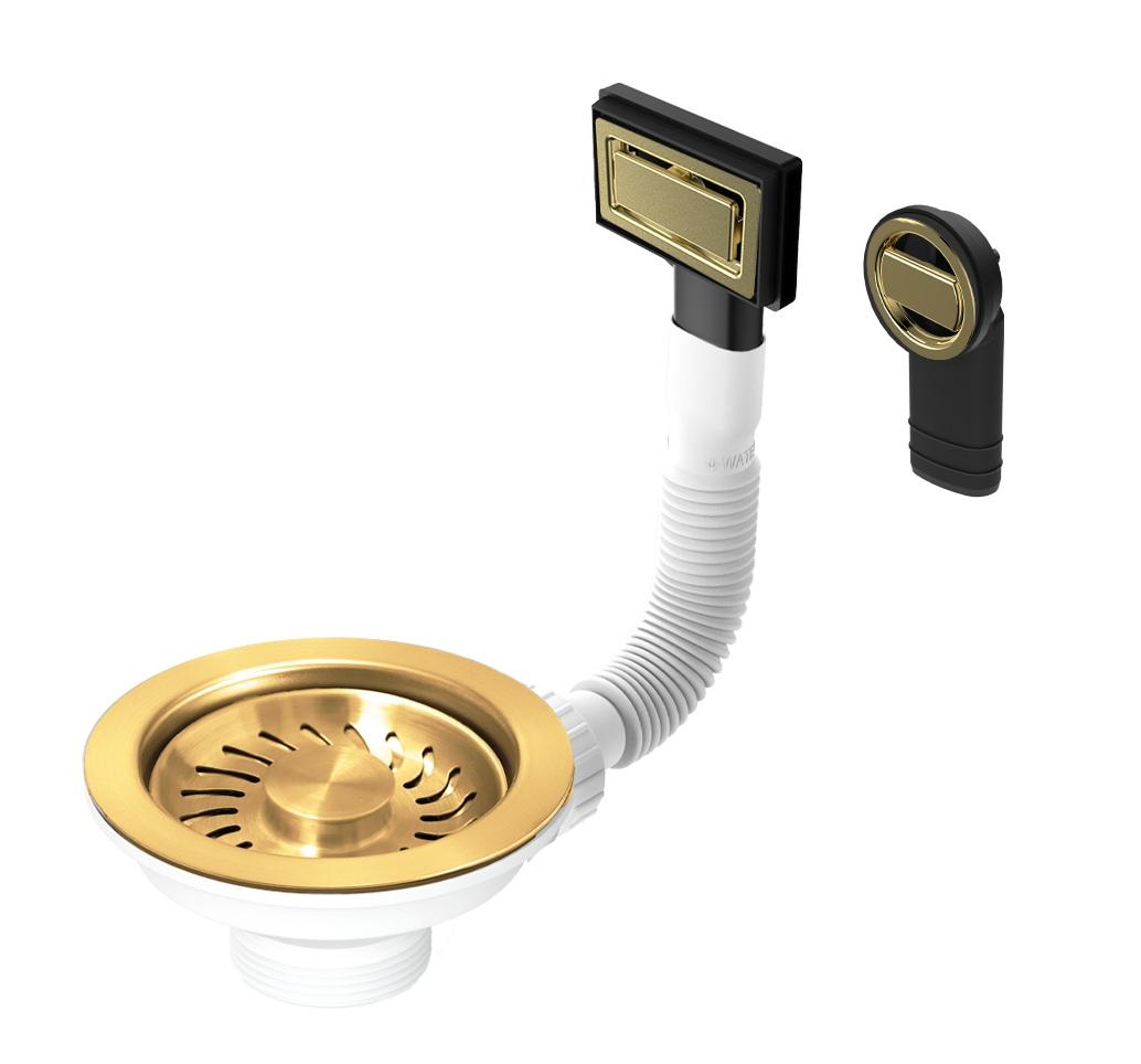 Conjunto de tapón de canasta Granitemy PVD en oro cepillado, conjunto de desagüe para fregadero incl. desbordamiento redondo y rectangular 1208967251 - Productafbeelding