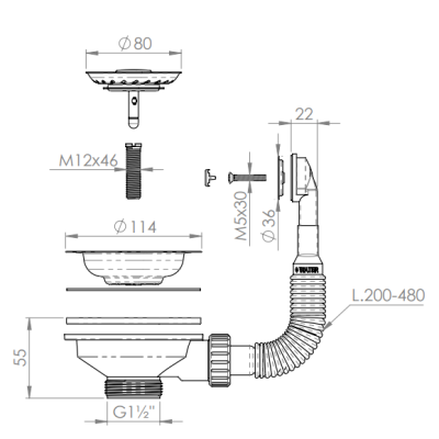 Conjunto de tapón de cesta Granitemy PVD en metal cepillado, conjunto de desagüe para fregadero incl. desbordamiento redondo 1208967253