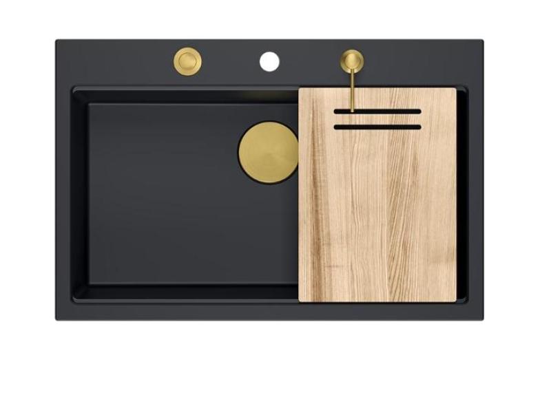 Quadri Hard Rock fregadero grande de granito negro mate sobre encimera 76x50cm, incluye tapón dorado y accesorios 1208967277