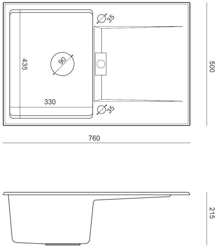 Quadri Minton Fregadero de Granito sobre Encimera Negro 76x50cm con Escurridor Reversible y Tapón de Acero Inoxidable - 1208967303