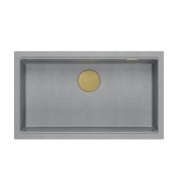 Quadri Newport II fregadero grande y profundo de granito, instalación sobre encimera y bajo encimera, color gris, tamaño 76x45cm con tapón dorado 1208967315.