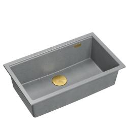 Quadri Newport II fregadero grande y profundo de granito, instalación sobre encimera y bajo encimera, color gris, tamaño 76x45cm con tapón dorado 1208967315.