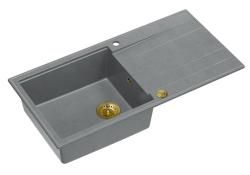 Quadri Luton fregadero de granito gris de montaje sobre encimera con escurridor reversible de 100x50 cm con tapón dorado 1208967325