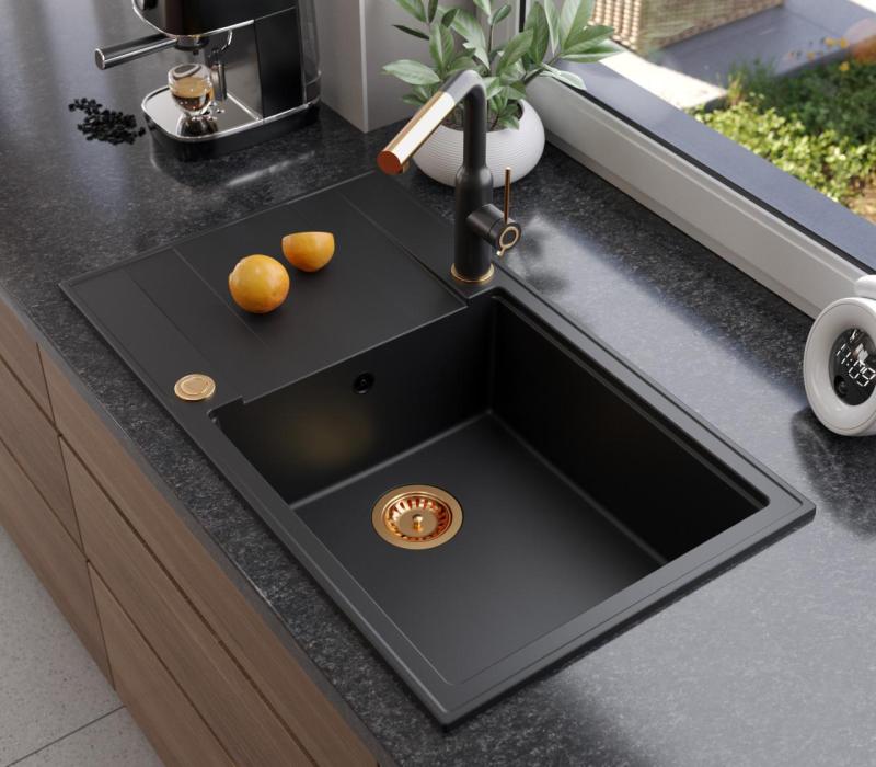 Quadri Luton fregadero grande de granito negro con escurridor reversible 86x50cm con tapón de cobre 1208967326