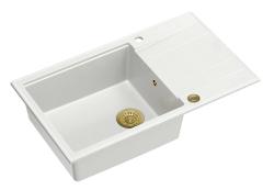 Quadri Luton fregadero grande de granito blanco sobre encimera con escurridor reversible 86x50cm con tapón dorado 1208967329