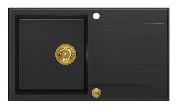 Quadri Luton fregadero de granito negro de superficie con escurridor reversible 86x50cm con tapón dorado 1208967336