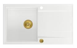 Quadri Luton fregadero sobre encimera de granito blanco con escurridor reversible 86x50cm con tapón dorado 1208967338