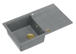 Quadri Luton fregadero de granito gris de montaje superficial con escurridor reversible de 86x50cm con enchufe dorado 1208967341