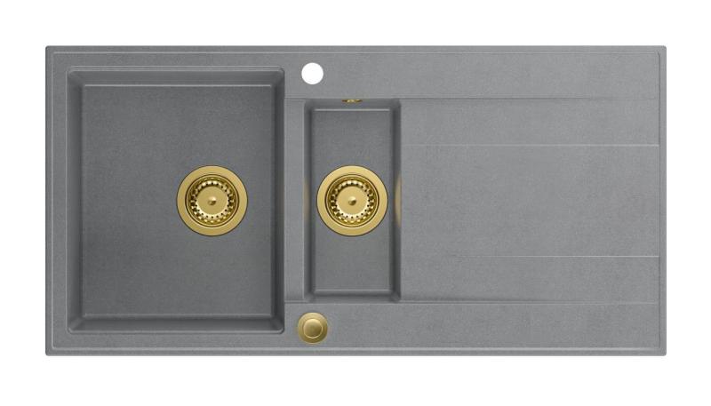 Quadri Luton fregadero de granito gris de superficie con 1,5 senos y escurridor reversible 100x50cm con tapón dorado 1208967351