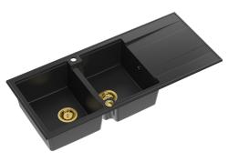 Quadri Luton fregadero doble de granito negro con escurridor 116x50 cm con tapón dorado 1208967356