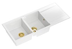 Quadri Luton fregadero doble de granito blanco con escurridor 116x50 cm con tapón dorado 1208967358