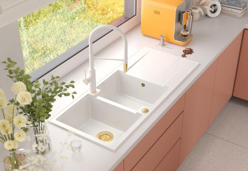 Quadri Luton fregadero doble de granito blanco con escurridor 116x50 cm con tapón dorado 1208967358