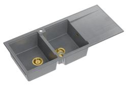 Quadri Luton fregadero empotrado doble de granito gris con escurridor 116x50 cm con tapón dorado 1208967361