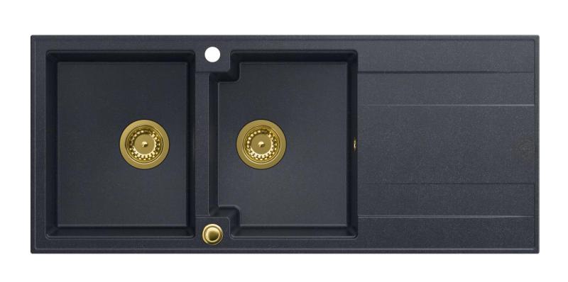 Quadri Luton fregadero doble de granito empotrado antracita con escurridor 116x50 cm con tapón dorado 1208967364