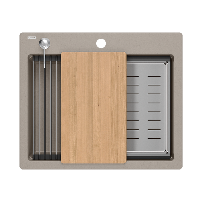 Quadri Durham taupe granito montaje fregadero 595x500 con dispensador de jabón, tabla de cortar, fregadero insertado y alfombrilla enrollable 1208967376