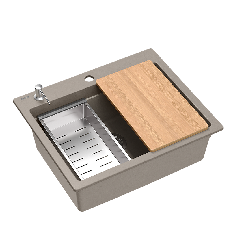 Quadri Durham taupe granito montaje fregadero 595x500 con dispensador de jabón, tabla de cortar, fregadero insertado y alfombrilla enrollable 1208967376