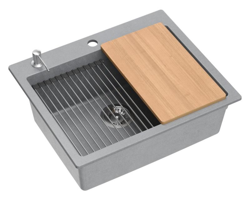 Quadri Durham gris granito fregadero empotrado 595x500 con dispensador de jabón, tabla de cortar, lavabo insertado y alfombrilla enrollable 1208967378