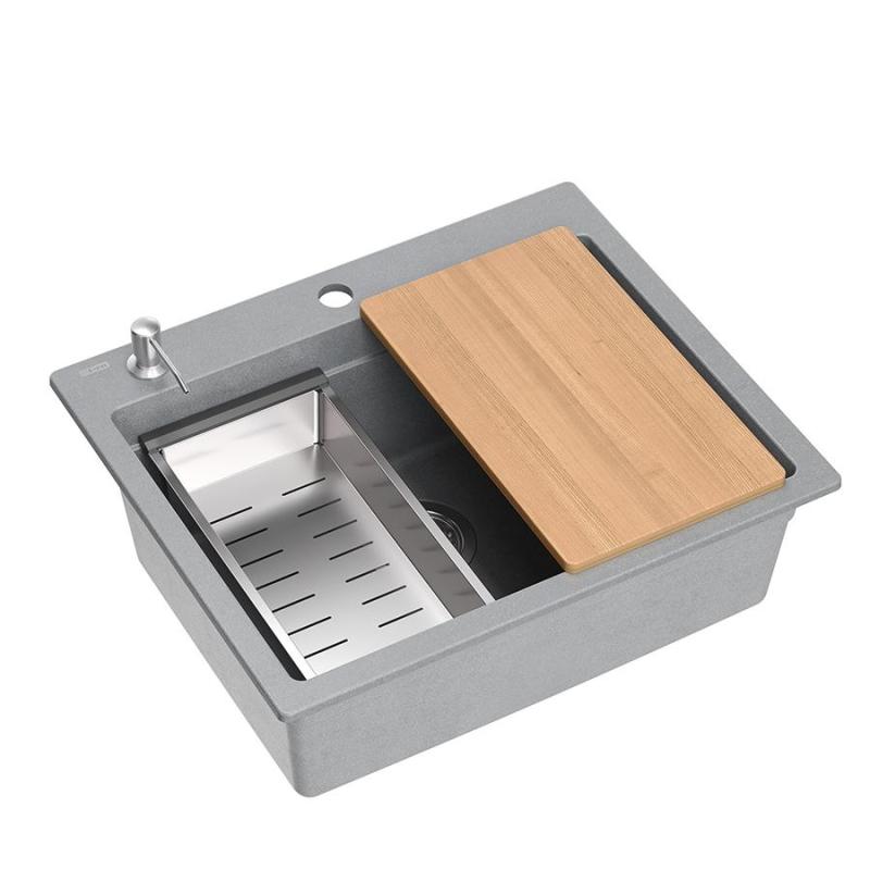 Quadri Durham gris granito fregadero empotrado 595x500 con dispensador de jabón, tabla de cortar, lavabo insertado y alfombrilla enrollable 1208967378