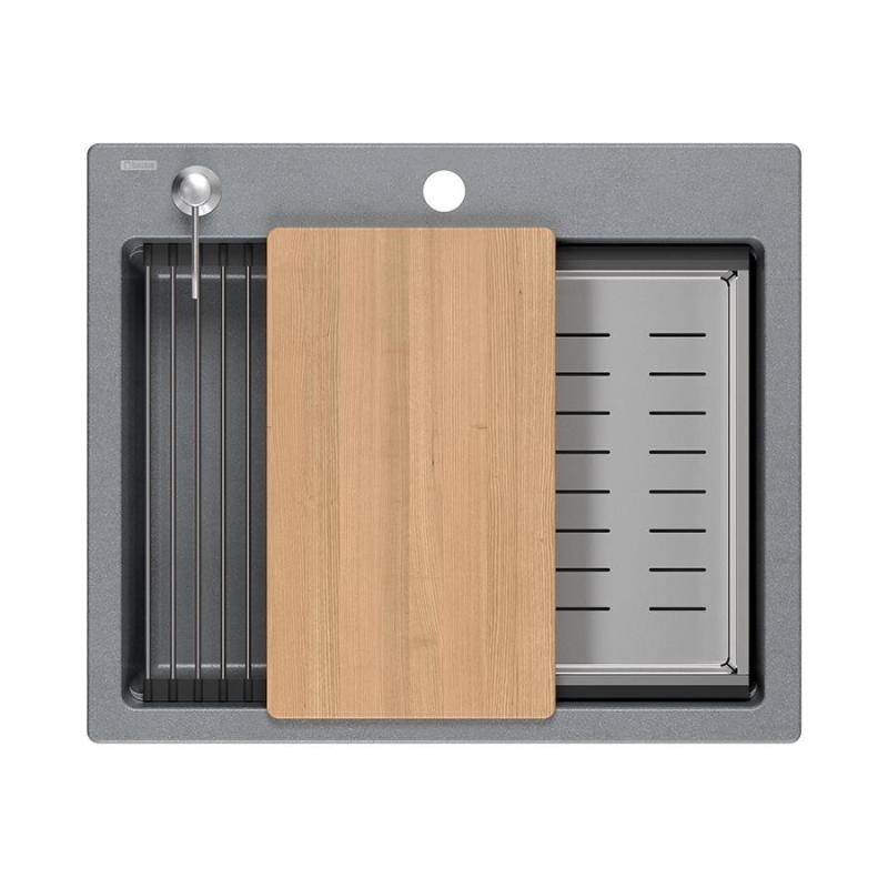 Quadri Durham gris granito fregadero empotrado 595x500 con dispensador de jabón, tabla de cortar, lavabo insertado y alfombrilla enrollable 1208967378