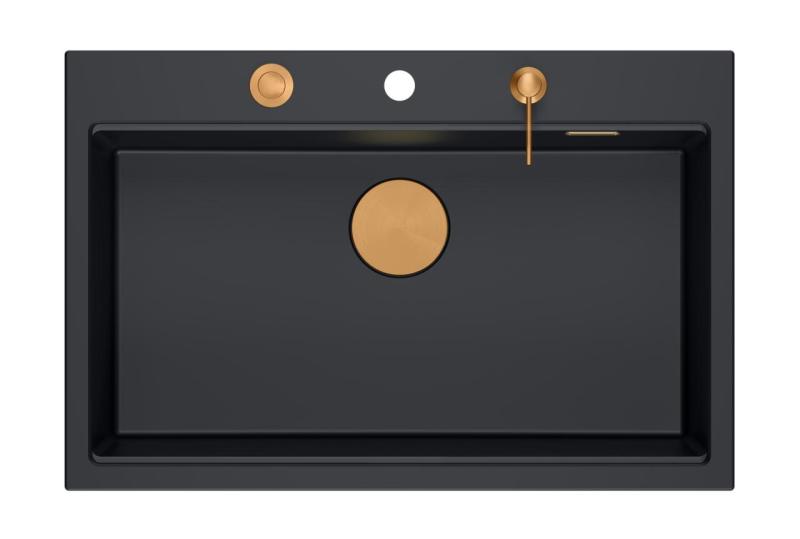 Quadri Hard Rock fregadero grande de granito mate negro para instalación superior 76x50cm, incluye tapón de cobre y accesorio 1208967423