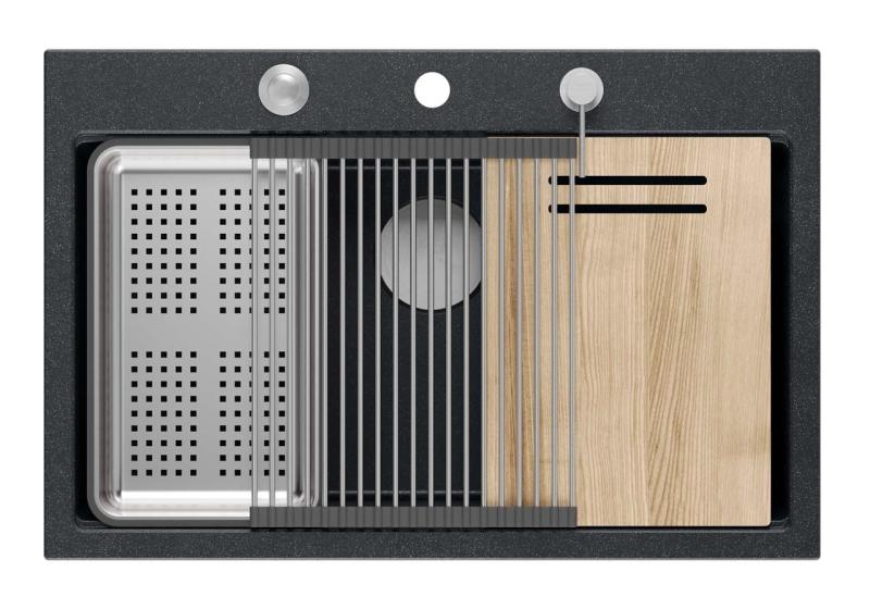 Quadri Hard Rock fregadero sobre encimera de granito antracita grande 76x50cm, incluyendo tapón de acero inoxidable y accesorios 1208967442