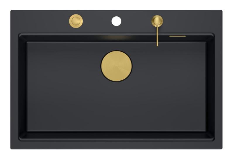 Quadri Hard Rock antracita fregadero de granito sobre encimera grande 76x50cm incluyendo tapón dorado y accesorios 1208967444