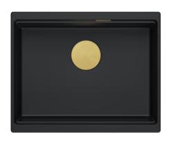 Quadri Newport II fregadero bajo encimera de granito negro 560x450  mm con tapón dorado y tapa de desagüe 1208967449