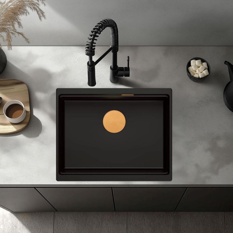 Quadri Newport II fregadero empotrado de granito negro 560x450mm con tapón de cobre y tapón de desagüe 1208967450