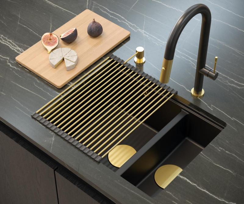 Quadri Newport II negro 1,5 fregadero de granito para montaje superior y inferior 555x460mm con tapón dorado 1208967464