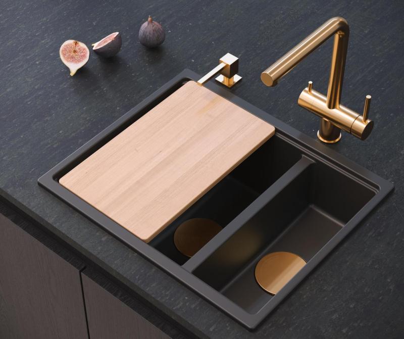 Quadri Newport II negro 1,5 fregadero de granito montaje superior e inferior fregadero 555x460mm con tapón de cobre 1208967465