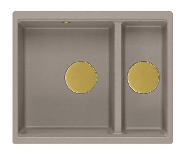 Quadri Newport II taupe fregadero de granito 1,5 senos, instalación sobre encimera y bajo encimera 555x460mm con tapón dorado 1208967467