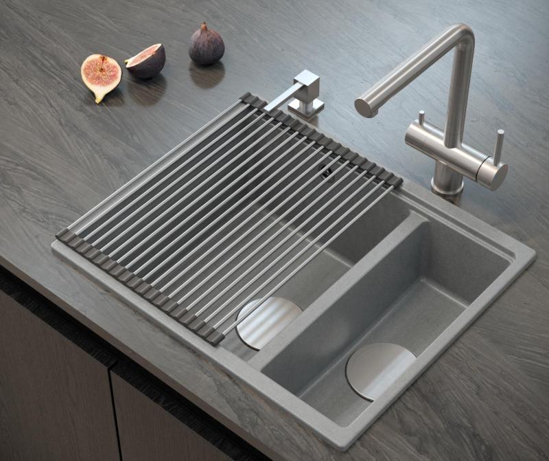 Quadri Newport II gris 1,5 fregadero de granito montaje superior y bajo encimera 555x460mm con tapón de acero inoxidable 1208967469