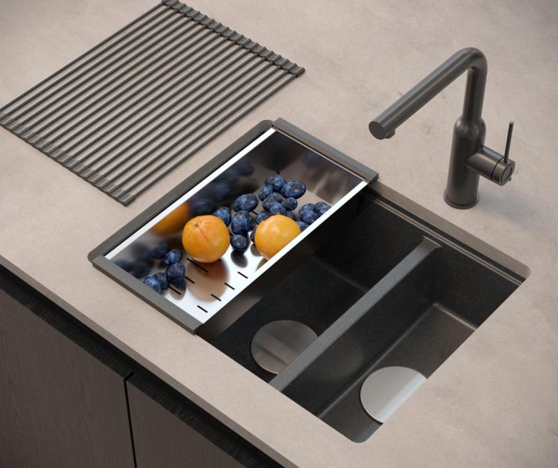 Quadri Newport II antracita 1,5 fregadero de granito de montaje superior y inferior 555x460mm con tapón de acero inoxidable 1208967472