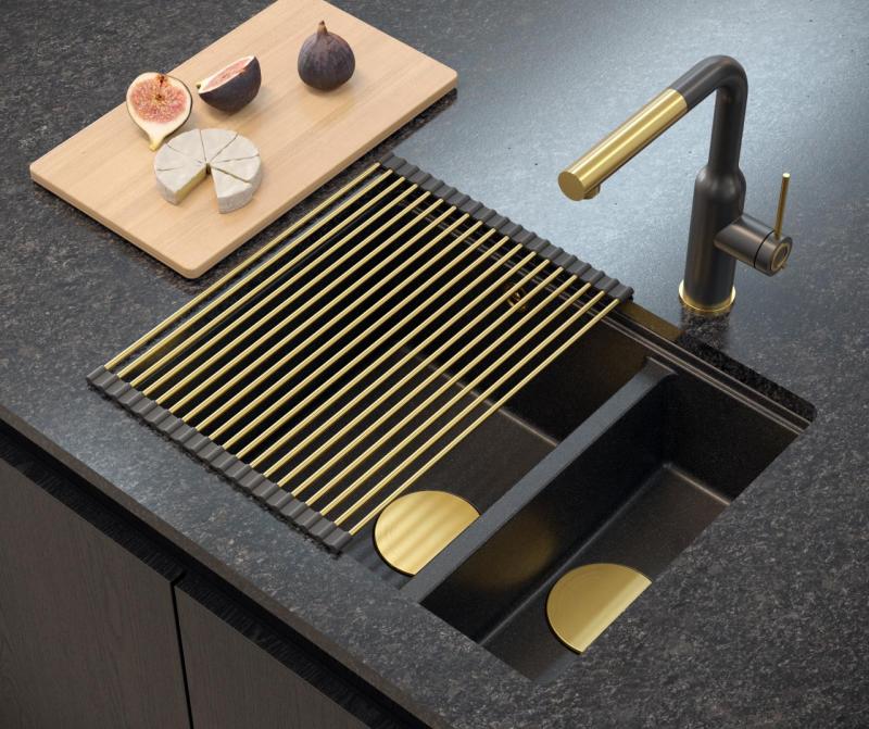 Quadri Newport II antracita 1,5 fregadero de granito montaje superior y bajo encimera 555x460mm con tapón dorado 1208967473