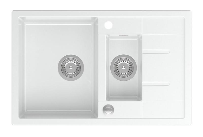 Quadri Brenton fregadero de granito blanco, montaje superior, 1,5 senos con escurridor, 78x50 cm, con tapón de acero inoxidable 1208967491.