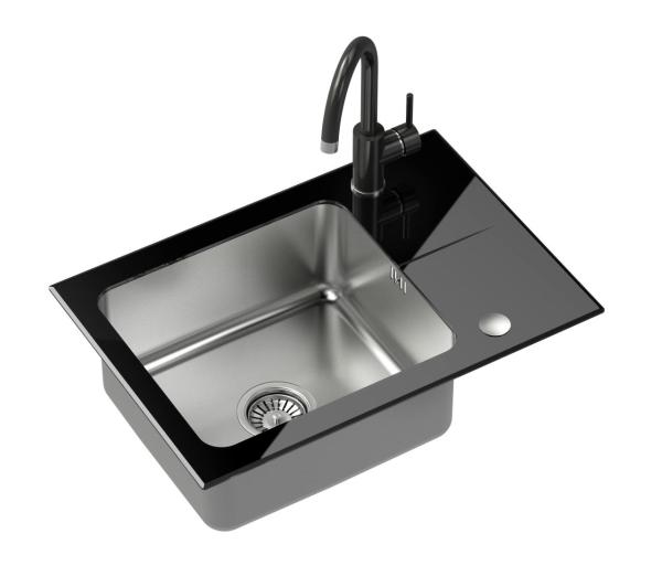 Quadri Glazz Set con grifo de cocina y fregadero de acero inoxidable con escurridor de vidrio negro 64x44cm reversible 1208967493