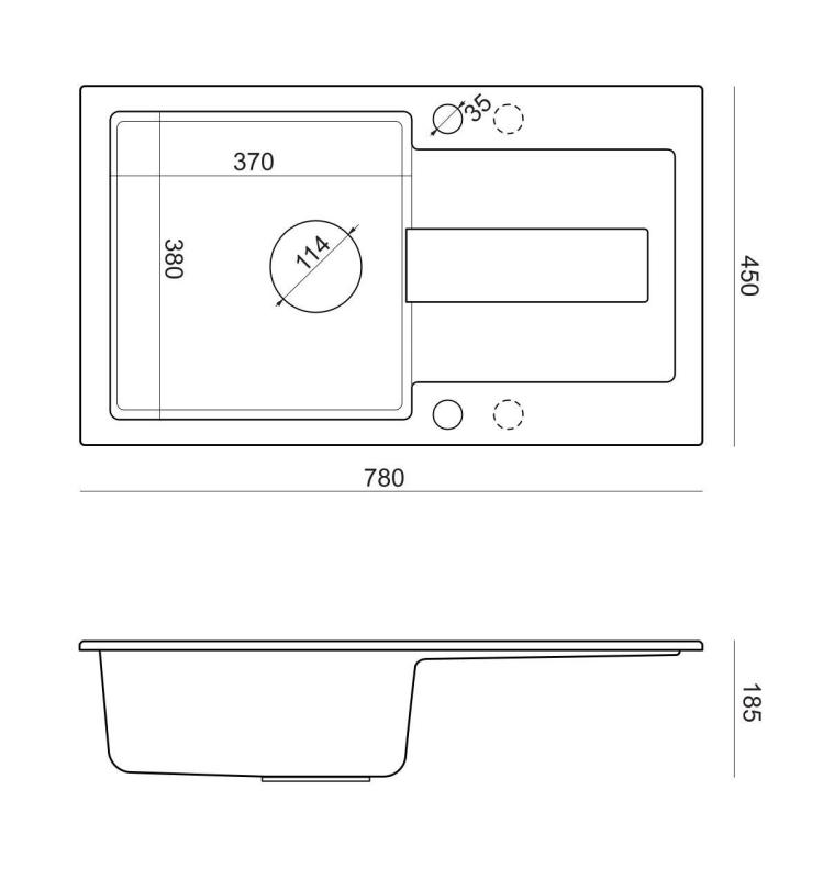 Quadri Sutton fregadero de granito antracita de montaje sobre encimera 78x45 cm con escurridor reversible con tapón negro 1208967495