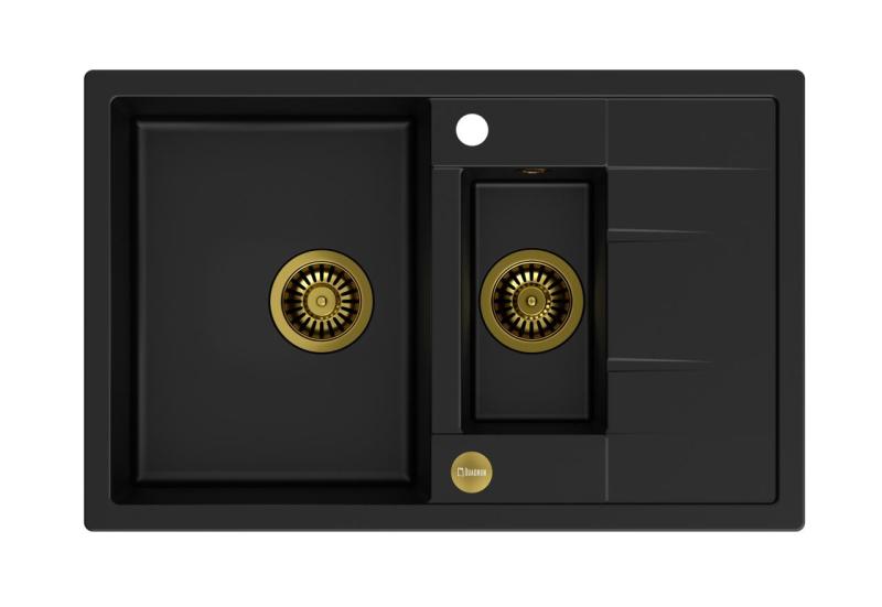Quadri Brenton fregadero de granito negro sobre encimera 1,5 senos con escurridor 78x50cm con tapón dorado 1208967554