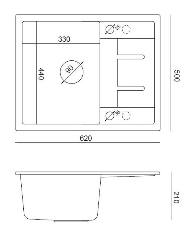 Quadri Dalton fregadero de granito negro con escurridor 62x50cm con tapón de acero inoxidable 1208967567