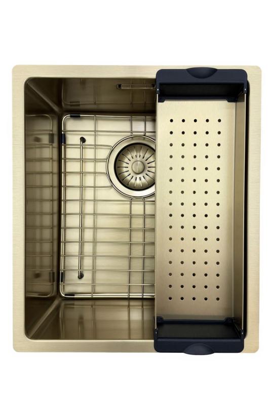 Fregadero Pure.Sink Prestige 34x40 cm PVD Oro radio de 10 mm para instalación bajo encimera, a ras de encimera y sobre encimera PPG3440-60.