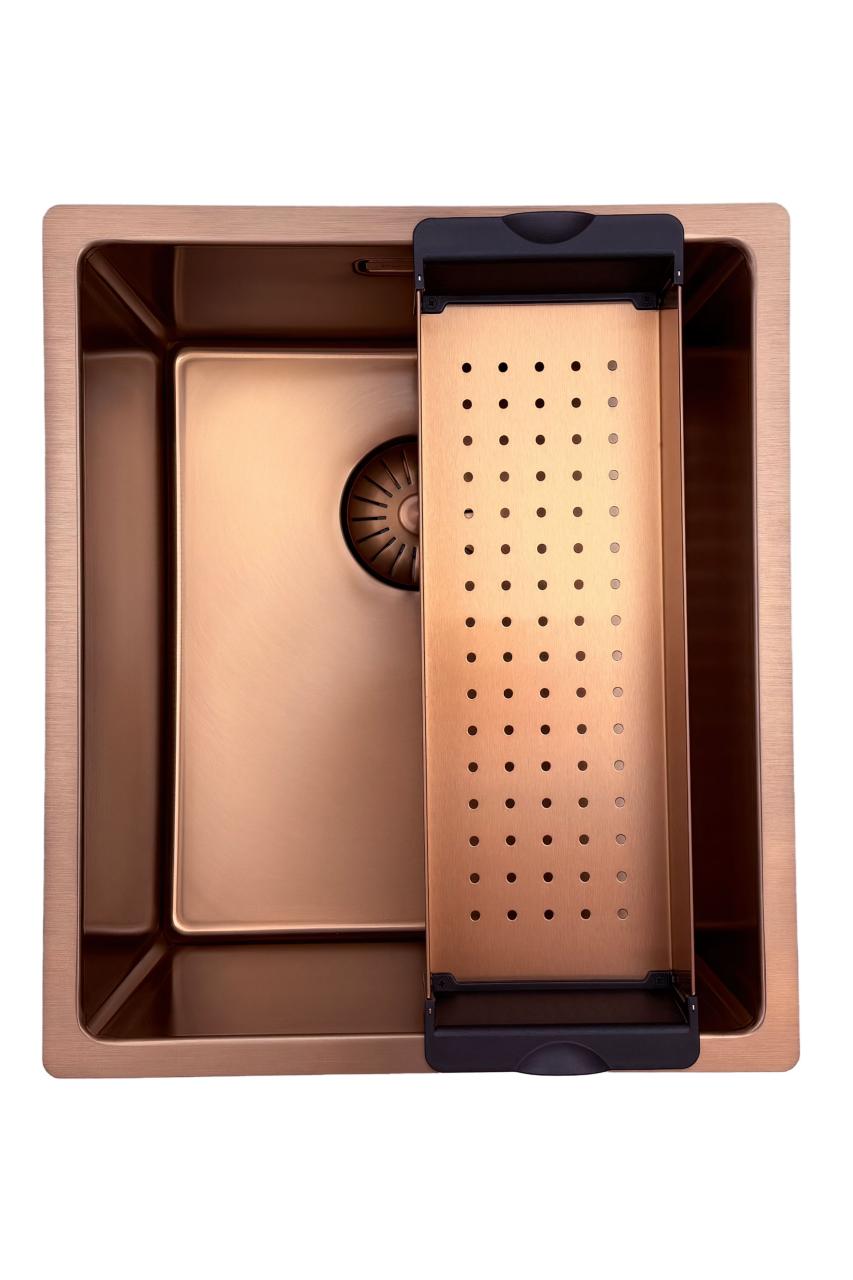 Fregadero Pure.Sink Prestige 34x40 cm PVD Cobre con radio de 10 mm para montaje bajo encimera, montaje a ras y montaje sobre encimera PPG3440-62.