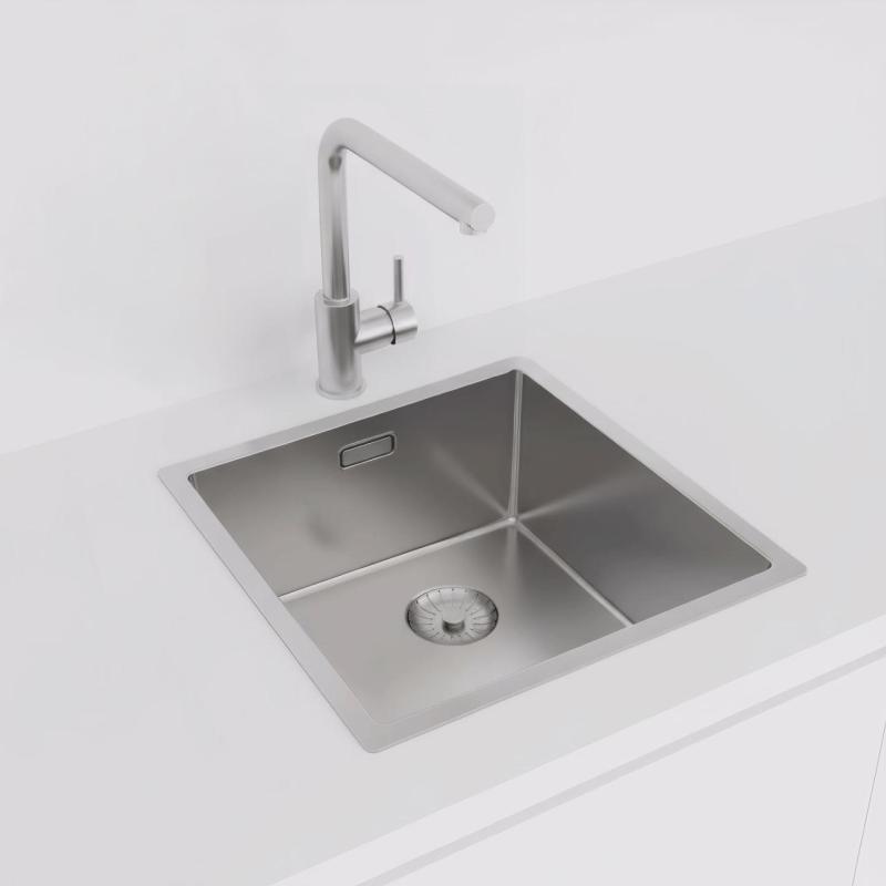 Fregadero de acero inoxidable Pure.Sink Prestige 40x40 cm, radio de 10 mm, instalación bajo encimera, a ras de encimera y sobre encimera PPG4040-02.