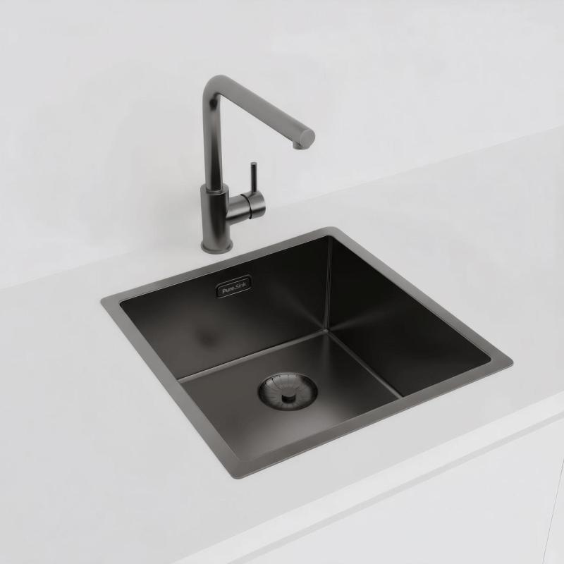 Lavabo Pure.Sink Prestige de 40x40 cm PVD Gun Metal con un radio de 10 mm para instalación bajo encimera, a ras de encimera y sobre encimera PPG4040-61.