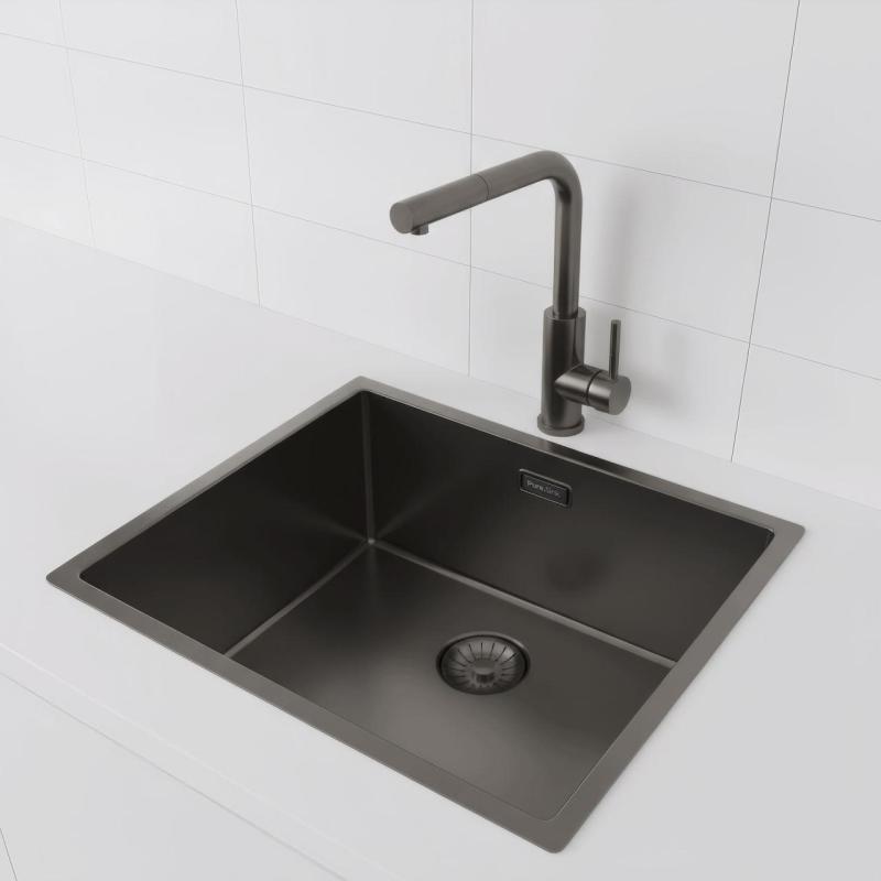 Fregadero Pure.Sink Prestige 50x40 cm PVD Gun Metal radio 10mm para instalación bajo encimera, a ras de encimera y sobre encimera PPG5040-61.