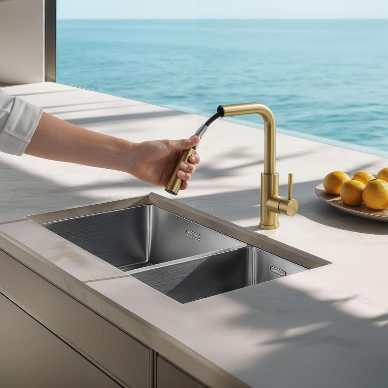 Grifo de cocina Pure.Sink Elite Steel Spark-S PVD en oro cepillado con caño extraíble PS8041-60