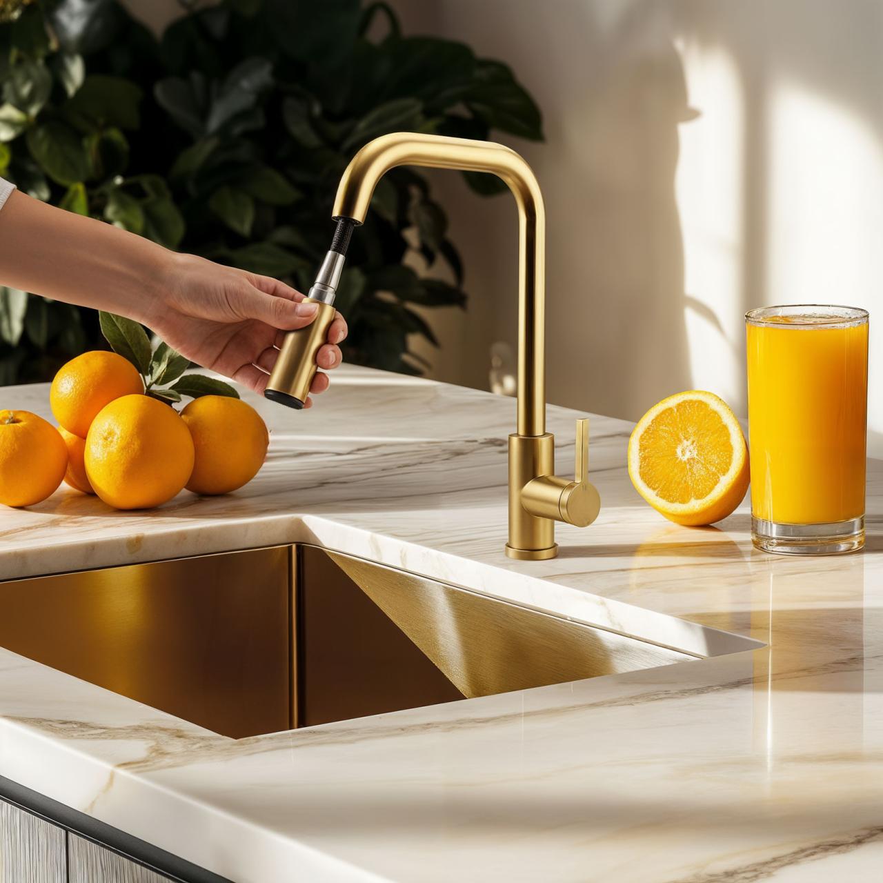 Grifo de cocina Pure.Sink Elite Steel Crystal-S con acabado PVD en oro cepillado y caño extraíble PS8050-60 - Productafbeelding 2