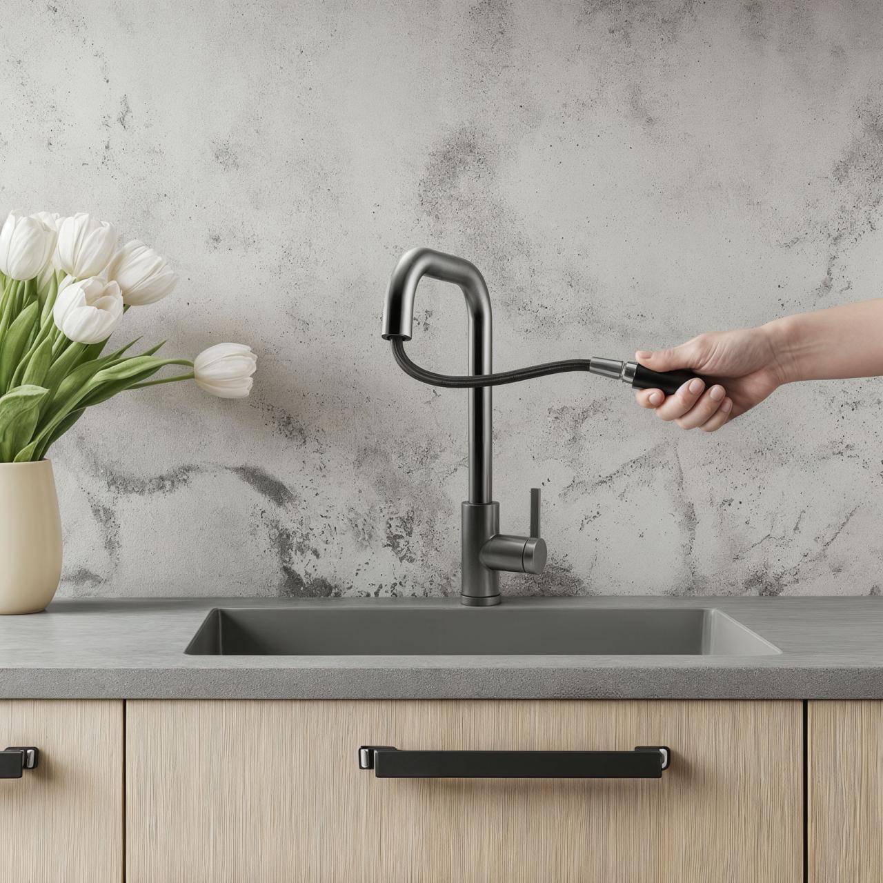 Grifo de cocina Pure.Sink Elite Steel Crystal-S PVD Gun metal con caño extraíble PS8050-61 - Productafbeelding 2