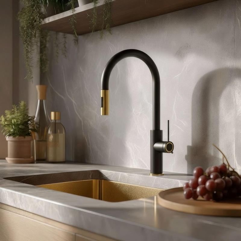 Quadri Retford Grifo de Cocina Negro con Acabado Dorado y Caño Extraíble con Modo de Pulverización 1208967677