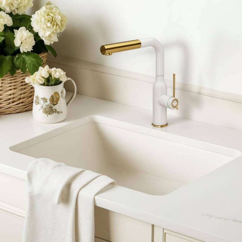 Quadri Stamford Grifo de Cocina Blanco con Acabado Dorado PVD y Caño Extraíble 1208967686