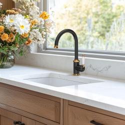Quadri Worksop Clásico Nostálgico Grifo de Cocina Negro con Acabado Dorado en PVD y Manija de Cerámica 1208967725